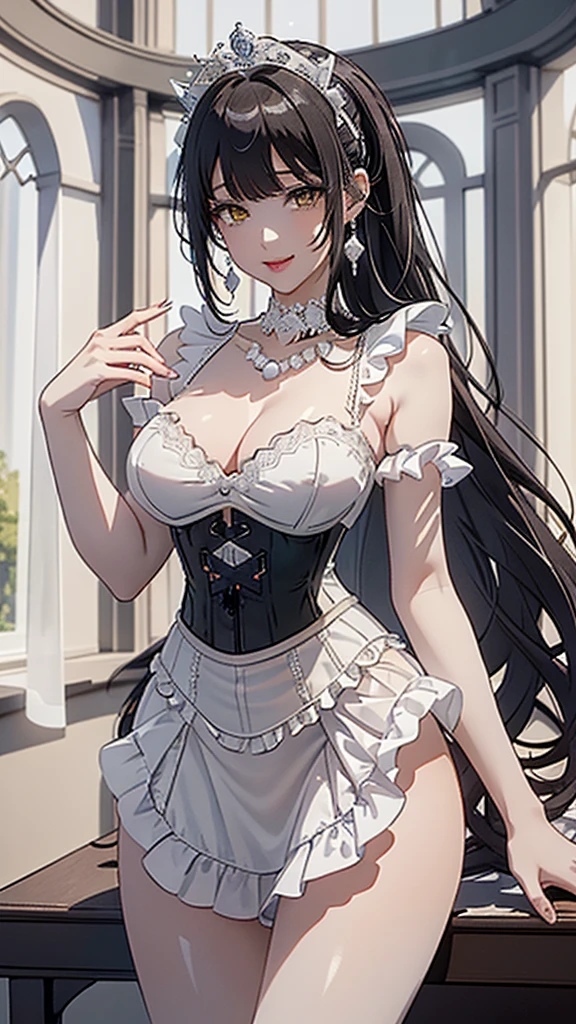 (((masterpiece, super high resolution, ultra HD, 8K quality))), (((((woman in shining white colored corset dress))))), (((See-through revealing dress))), (((((shining Black pony tail Hair))))) , (((beautiful sparkling yellow eyes, pupils with highlights))), ((bangs bangs)), pink lips, sexy expression, ((highly detailed)), (perfectly detailed face), (detailed and carefully drawn hands), (((very Big Tits))), (((charming smile))), photorealistic image, silver tiara and earrings, pearl necklace, jade bangle, diamond ring, Beautiful figure from the knees up, standing, beautiful pose
