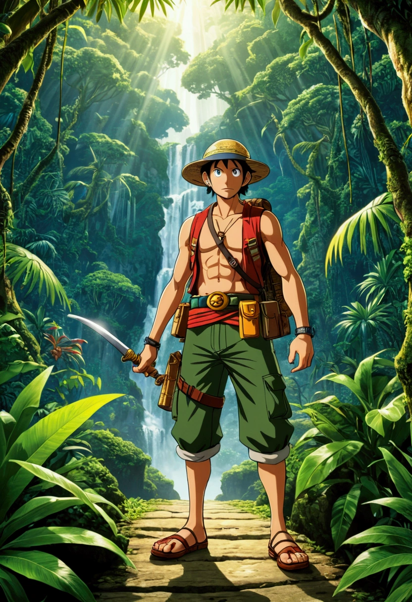 Jungle Adventurer, full body, by Hirohiko Araki, cinematic still, (best quality, masterpiece), very aesthetic, perfect composition, intricate details, ultra-detailed, vivid colors