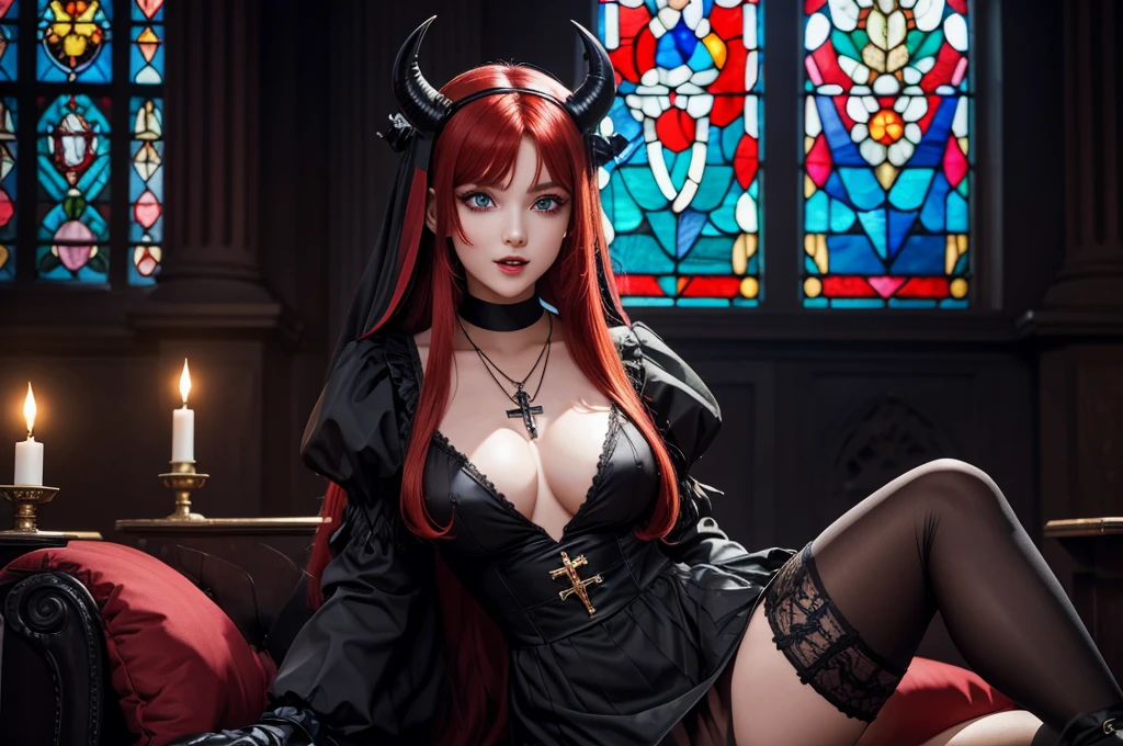 Best quality, highRES, absurdity, high_Permission, masterpiece, super detail, hyperdetailing, difficult_details, преRed eyes, DARTO EYELASHES, Eyeliner, soft glowing eyes, TO, 1 girl, One, long hair, I look at the viewer, smile, open mouth, bang, Red eyes, thigh high, gloves, long sleeves, Jewelry, sitting, Red hair, multicoloRed hair, horns, teeth, black gloves, puffy sleeves, black thigh high, in room, blunt bang, NECKLACE, luminous, fangs, demon girl, crossed legs, cross, demon horns, luminous eyes, a nun, habit, cross NECKLACE, stained glass window, Church, inexpressive