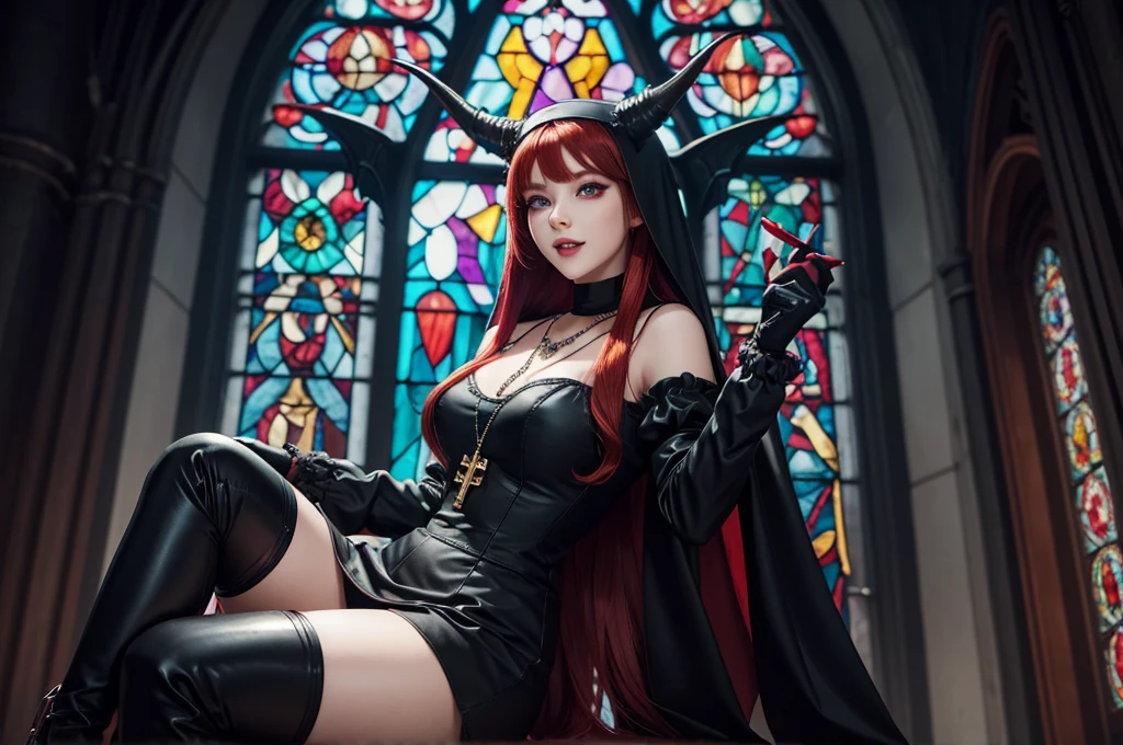 Best quality, highRES, absurdity, high_Permission, masterpiece, super detail, hyperdetailing, difficult_details, преRed eyes, DARTO EYELASHES, Eyeliner, soft glowing eyes, TO, 1 girl, One, long hair, I look at the viewer, smile, open mouth, bang, Red eyes, thigh high, gloves, long sleeves, Jewelry, sitting, Red hair, multicoloRed hair, horns, teeth, black gloves, puffy sleeves, black thigh high, in room, blunt bang, NECKLACE, luminous, fangs, demon girl, crossed legs, cross, demon horns, luminous eyes, a nun, habit, cross NECKLACE, stained glass window, Church, inexpressive