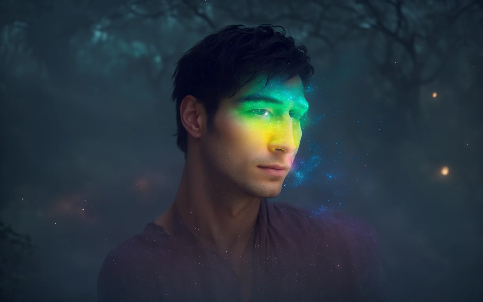 Generate a digital painting of a handsome, clean-shaven young man with prominent chest muscles, set in a mystical and ethereal environment. The scene is bathed in soft, magical light with a spectrum of rainbow colors illuminating his face, casting an enchanting glow on his features. The background features a dark, starry night sky with shimmering particles and distant, mystical landscapes. Include elements such as a gentle, glowing mist, floating lanterns, and subtle, ancient ruins partially covered in ivy. The overall atmosphere should evoke a sense of tranquility, mystery, and otherworldly beauty, with a focus on intricate details and a dreamlike quality.