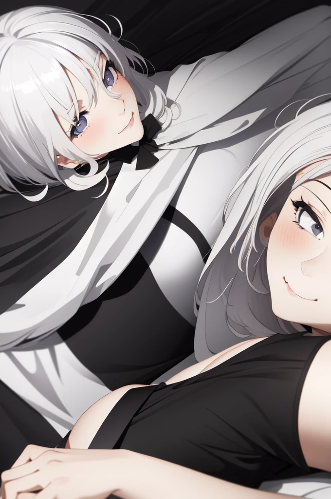 Dream girl white hair black dress gray eyes,lying on the bed looking at me,bust,from_side,stare,eye-contact,looking_at_viewer,wife,seductive_smile,blush,on_side,shirt_pull,
