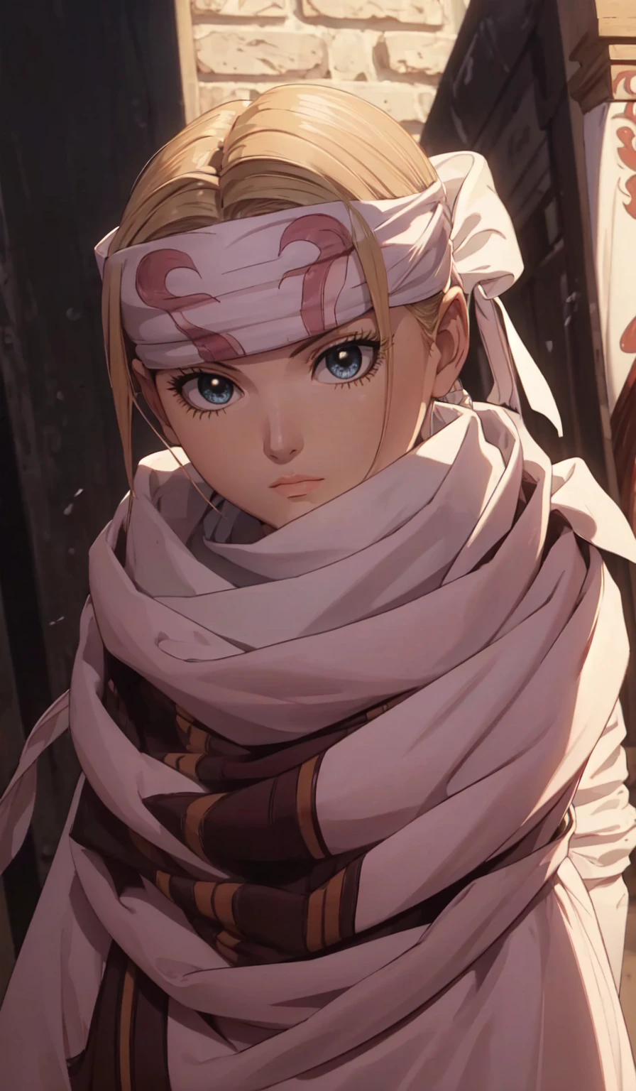 masterpiece), best quality, high resolution blonde 1girl bob cut medium hair standing alone cowl headband profile image looking at viewer beautiful eyes beautiful face extremely detailed pink clothing girly