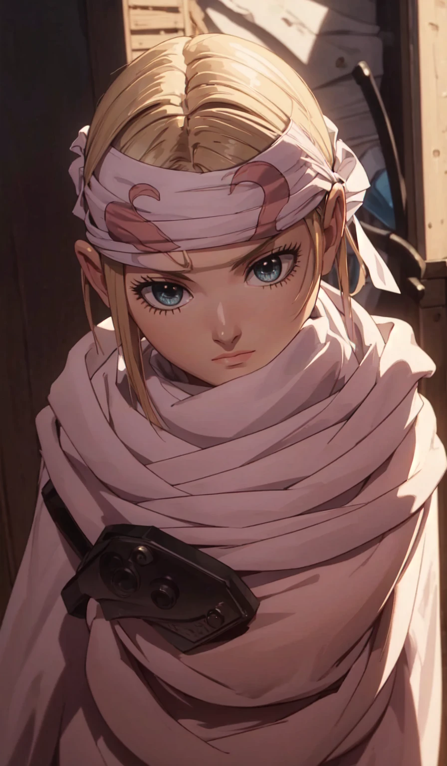 masterpiece), best quality, high resolution blonde 1girl bob cut medium hair standing alone cowl headband profile image looking at viewer beautiful eyes beautiful face extremely detailed pink clothing girly