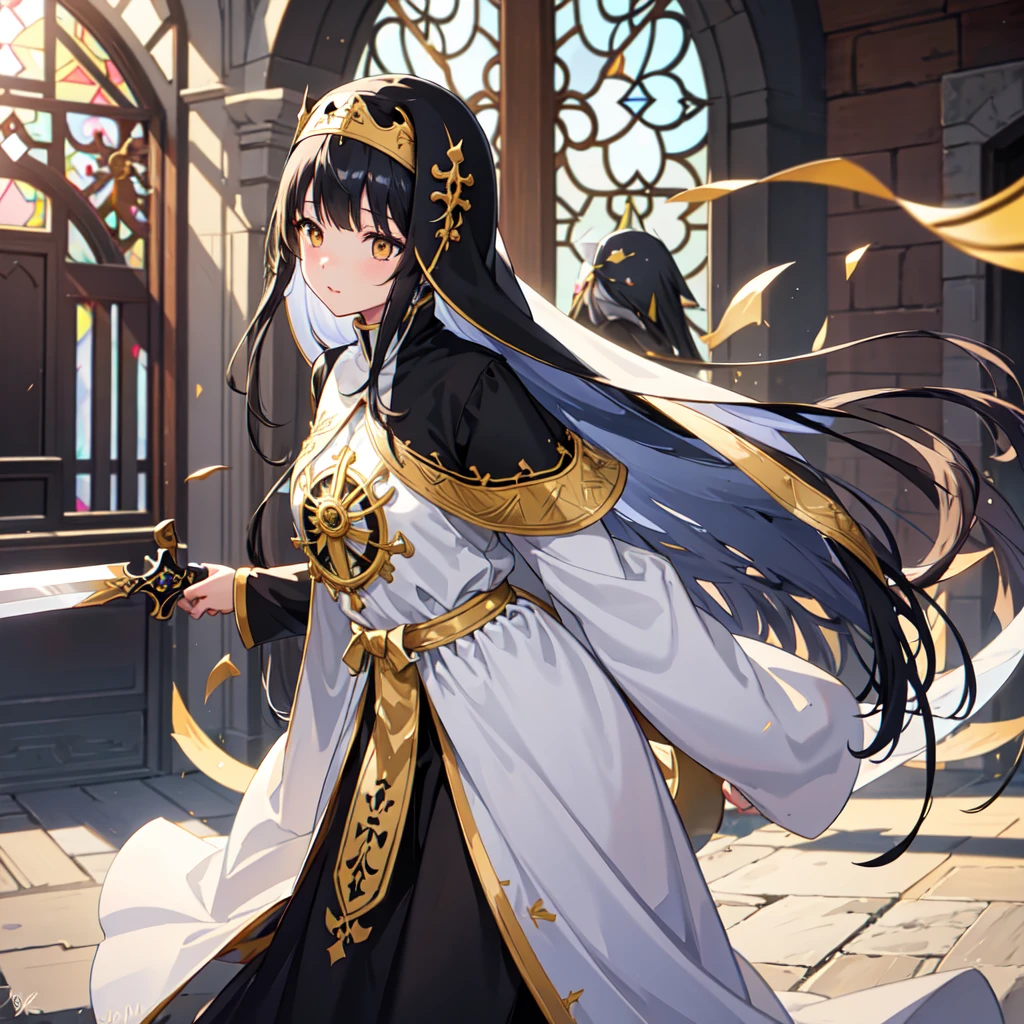 1 girl、(church)、Stained glass、Depth of written boundary、The focus is clear、sun rays、Good composition、(Bokeh:1.2) 1 girl、solo、(Half Body)、(Mouth closed)、The fine details are beautiful、Pause、Waistline、(((Black ceremonial clothing)))、Messy Hair、Long hair floating in the wind、hiqcgbody、((Blunt Bangs))、Blue Hair、Yellow Eyes、((long hair))、Medium breast、Sister、Nun、scimitar、Hold the sword、battle、Crescent Blade、Face Veil