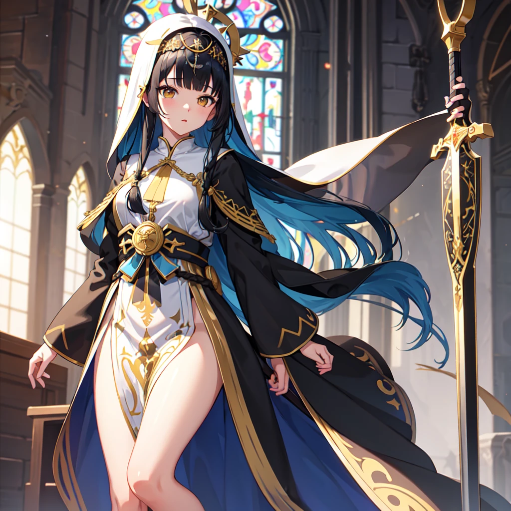 1 girl、(church)、Stained glass、Depth of written boundary、The focus is clear、sun rays、Good composition、(Bokeh:1.2) 1 girl、solo、(Half Body)、(Mouth closed)、The fine details are beautiful、Pause、Waistline、(((Black ceremonial clothing)))、Messy Hair、Long hair floating in the wind、hiqcgbody、((Blunt Bangs))、Blue Hair、Yellow Eyes、((long hair))、Medium breast、Sister、Nun、scimitar、Hold the sword、battle、Crescent Blade、Face Veil