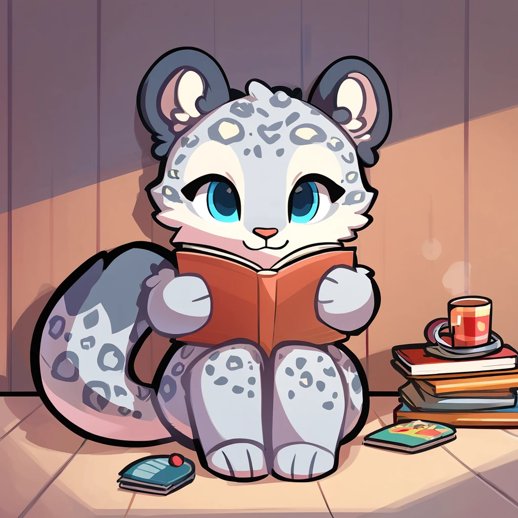 Cute snow leopard illustration,Sitting and reading a book,2D,pop,Game design character,
