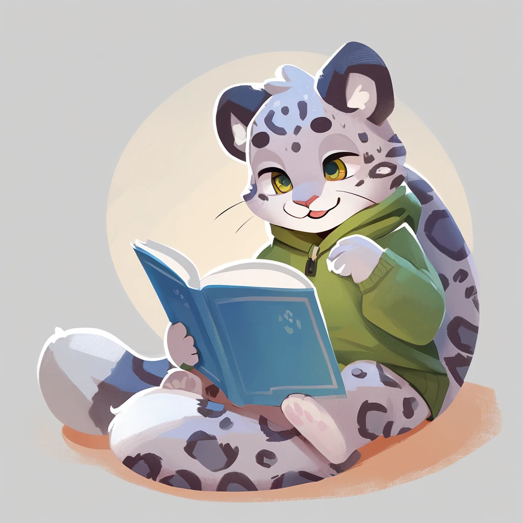 Cute snow leopard illustration,Sitting and reading a book,2D,pop,Game design character,