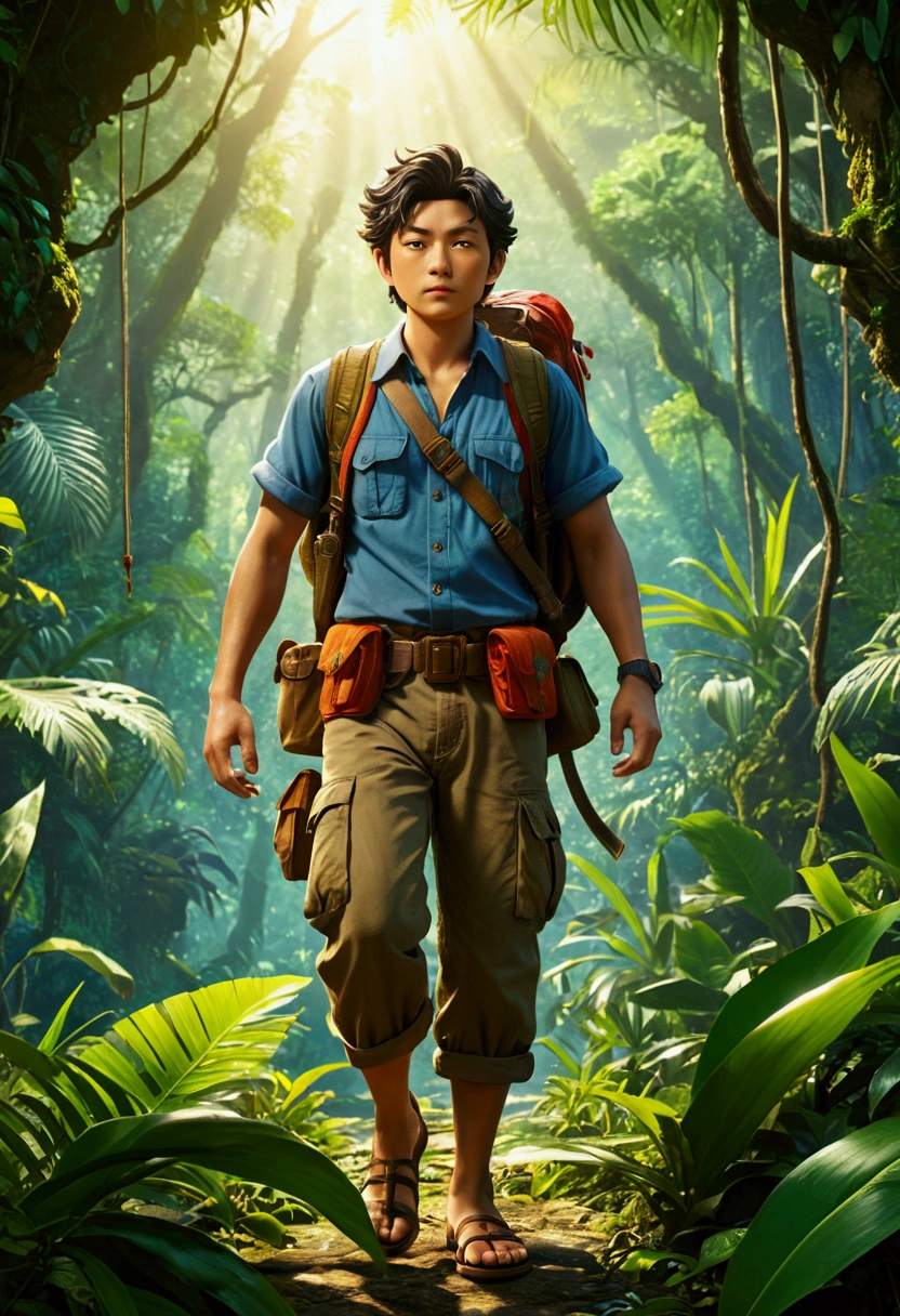 Jungle Adventurer, full body, by Gosho Aoyama, cinematic still, (best quality, masterpiece), very aesthetic, perfect composition, intricate details, ultra-detailed, vivid colors