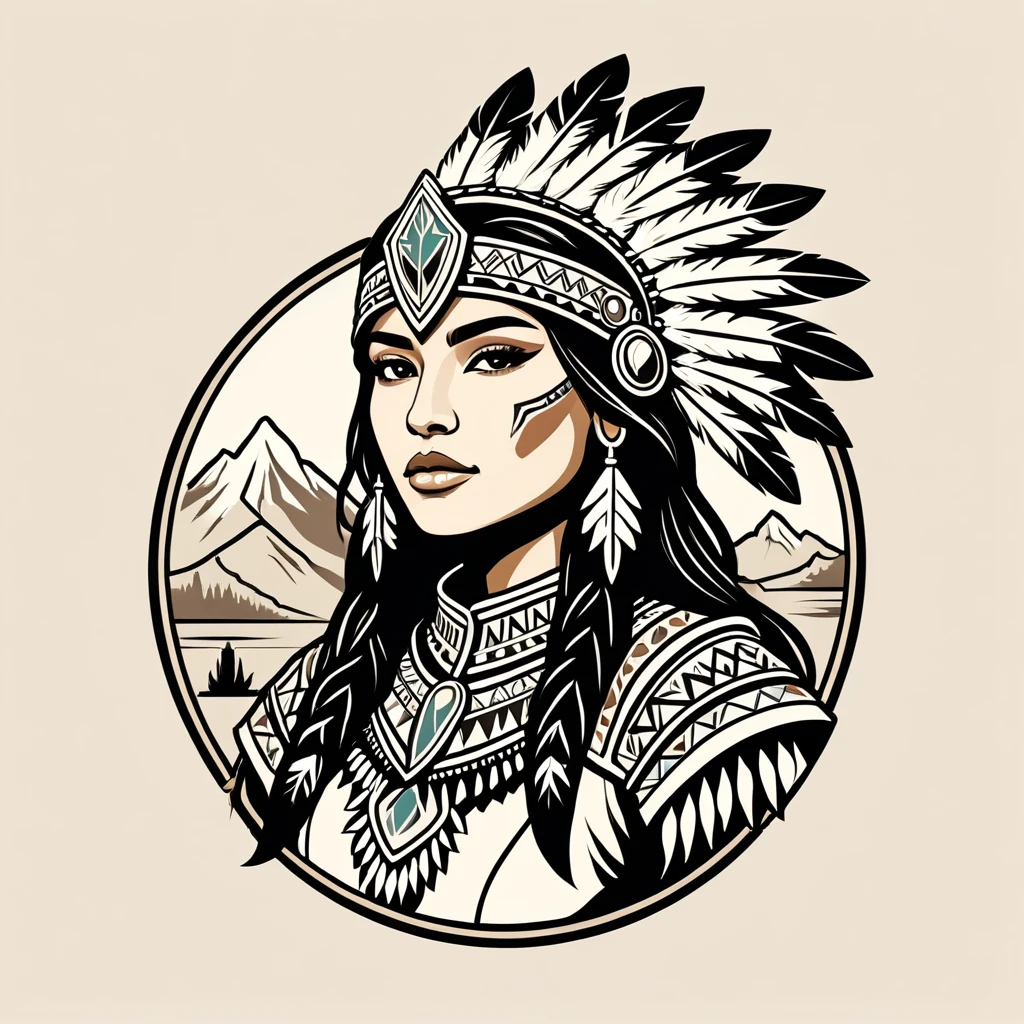 female knight in native american folk outfit ,vector graphics, strong contours, logo design