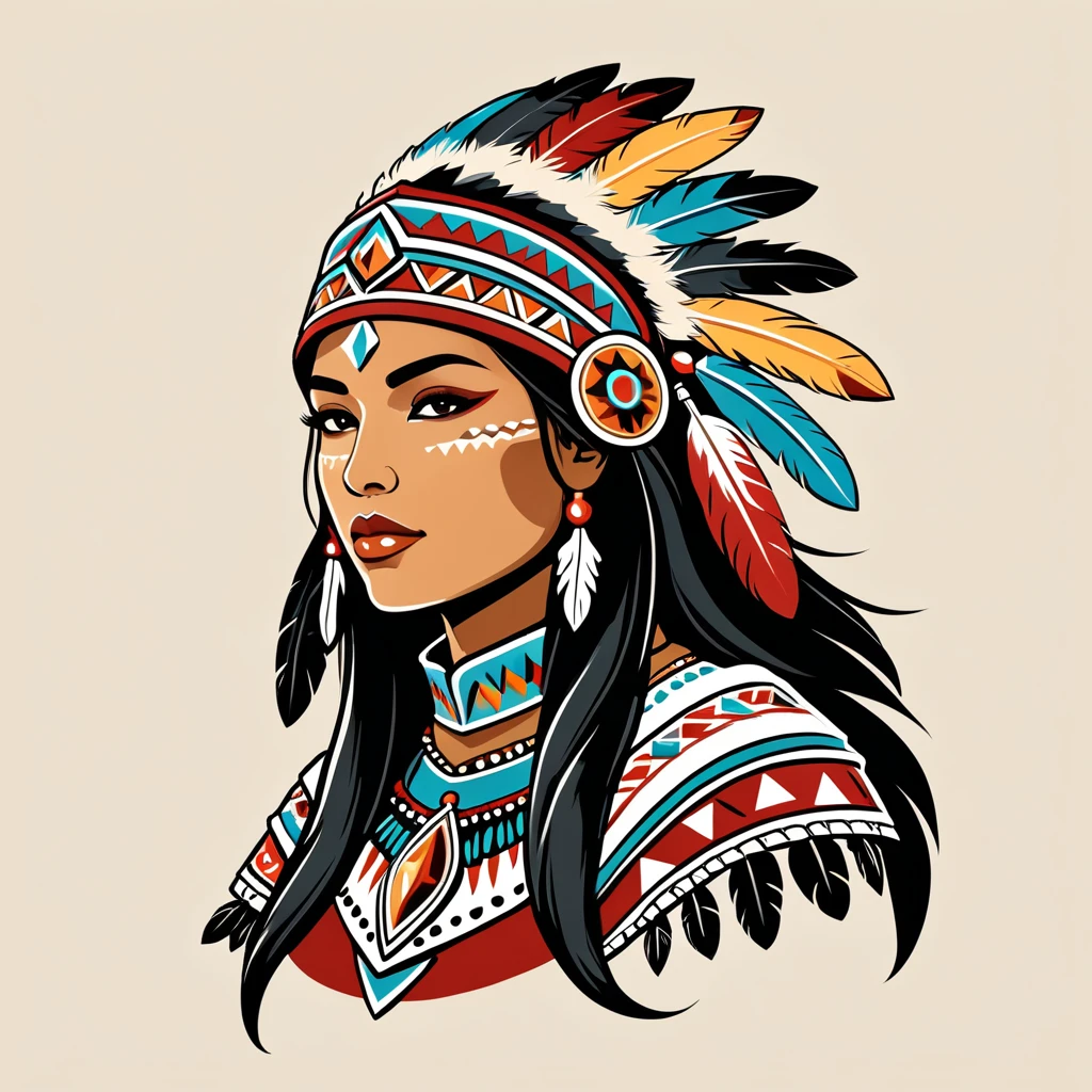 female knight in native american folk outfit ,vector graphics, strong contours, logo design