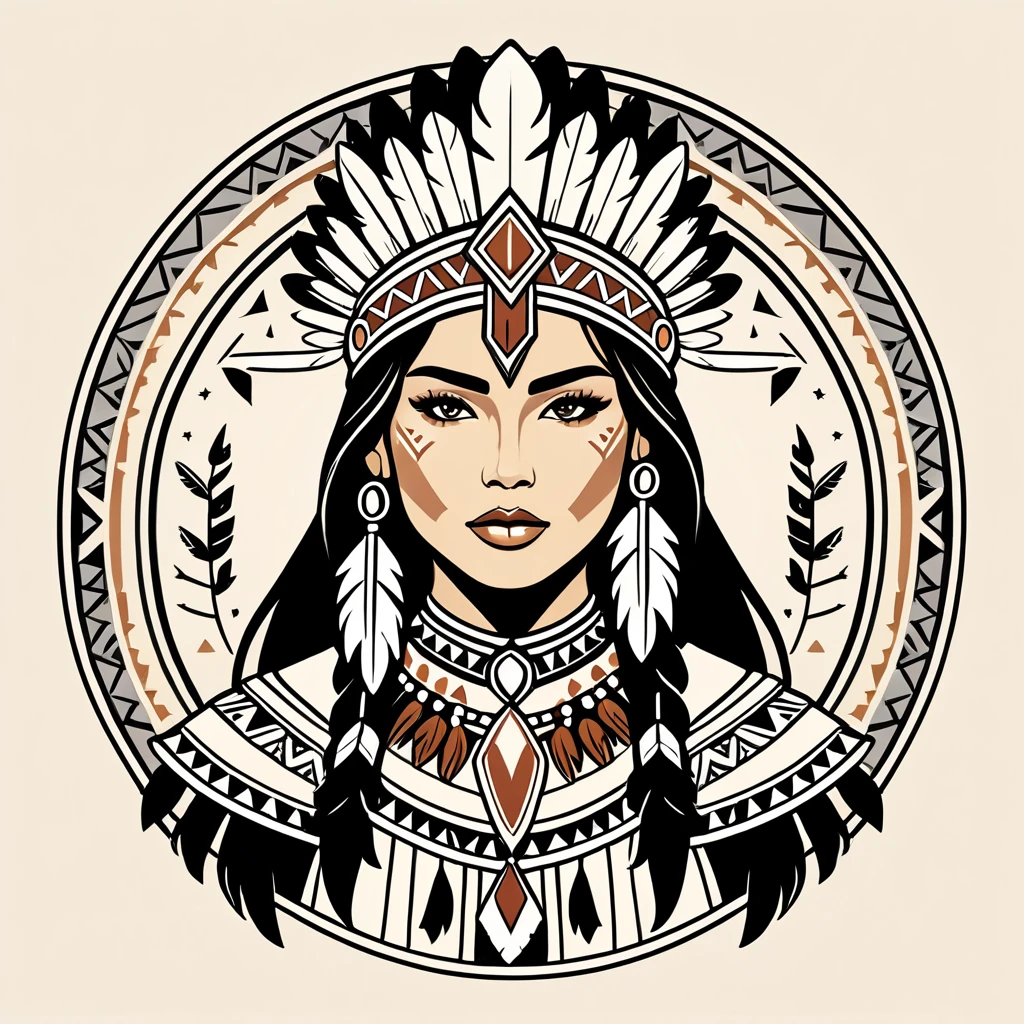 female knight in native american folk outfit ,vector graphics, strong contours, logo design