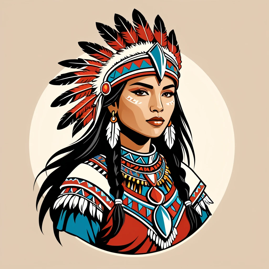female	knight	in native american folk outfit	,vector graphics, strong contours, logo design																						