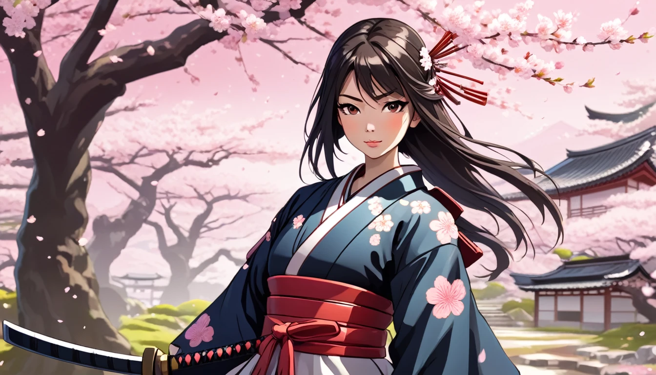 Female samurai,Background is cherry blossoms and Japanese garden,Japanese anime style