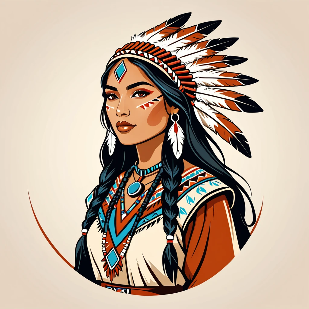 female mage in native american folk outfit ,vector graphics, strong contours, logo design