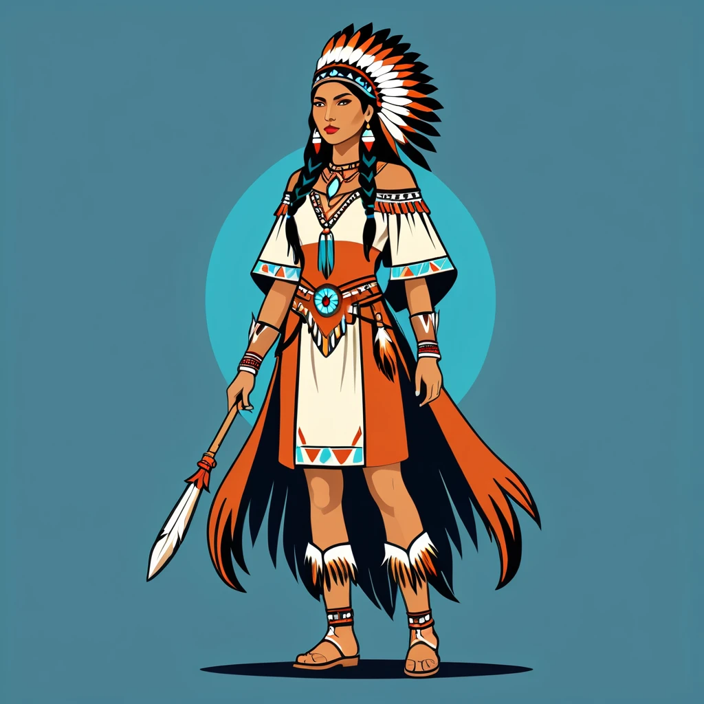 female mage in native american folk outfit ,vector graphics, strong contours, logo design