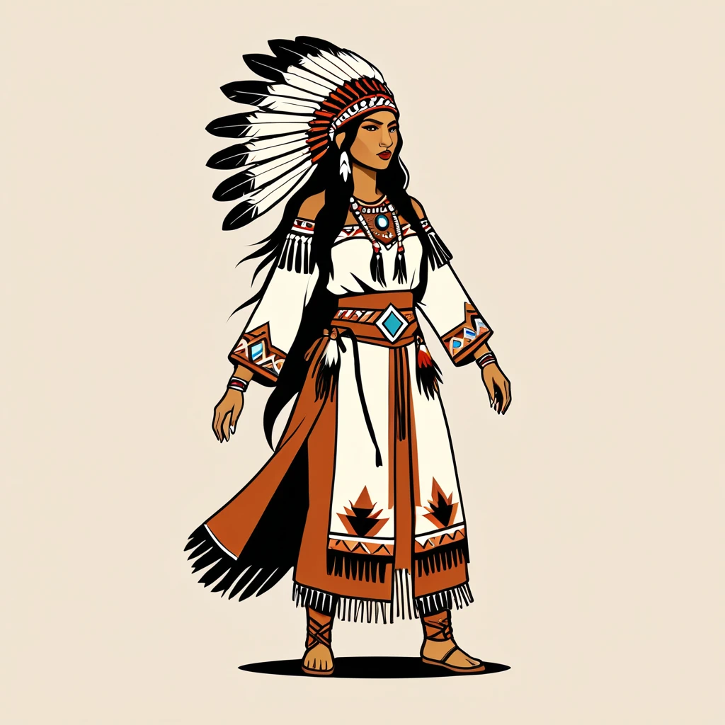female mage in native american folk outfit ,vector graphics, strong contours, logo design