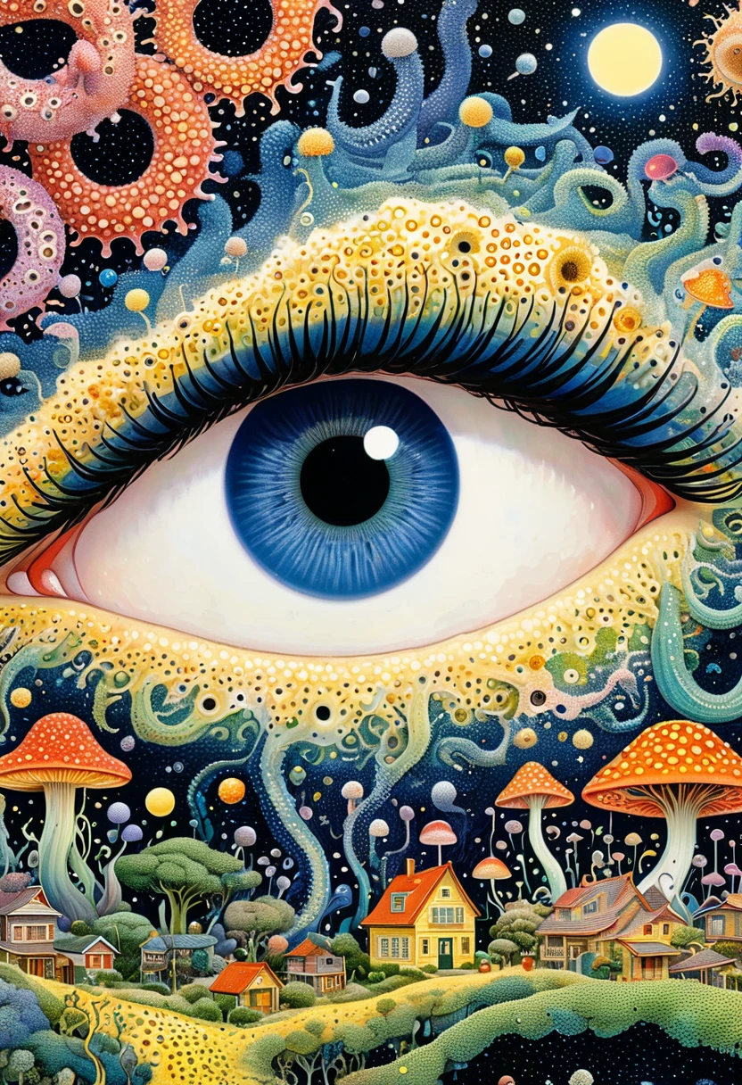 Strong visual fusion of multiple elements,Broto,来自Star的艺术家,house:1.37、Eye、Star、cloud、Spore powder、Tentacles,Describing the inner world of autistic people,密集Pointillism method。Smooth lines。Strange illustration。Pointillism method。Trypophobia。Strong contrast。Award-winning works。
