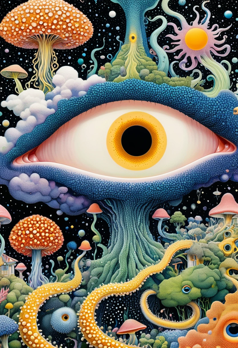 Strong visual fusion of multiple elements，Broto，来自Star的艺术家，house：1.37、Eye、Star、cloud、Spore powder、Tentacles，Describing the inner world of autistic people，密集Pointillism method。Smooth lines。Strange illustration。Pointillism method。Trypophobia。Strong contrast。Award-winning works。