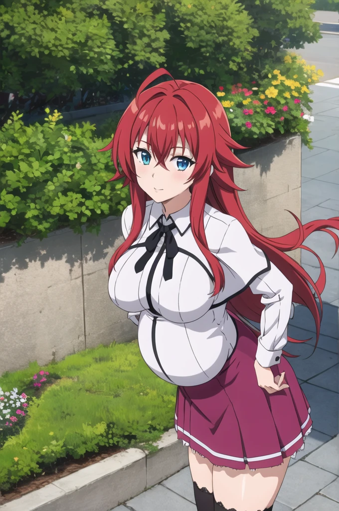 masterpiece, best quality, high quality, highres, outdoors, day, upper body, looking at viewer, solo, focused, BREAK,
ANIME_DxD_Rias_Gremory_ownwaifu,
1girl, bangs, long hair, red hair, breasts, large breasts, rias gremory, blue eyes, hair between eyes, very long hair, collarbone, hair intakes, hair over breasts,
black capelet, black corset, collared shirt, kuoh academy , layered skirt, underbust, , skirt, shirt, long sleeves, purple skirt, ribbon, miniskirt, neck ribbon, thighhighs, black ribbon, pregnant belly, 9