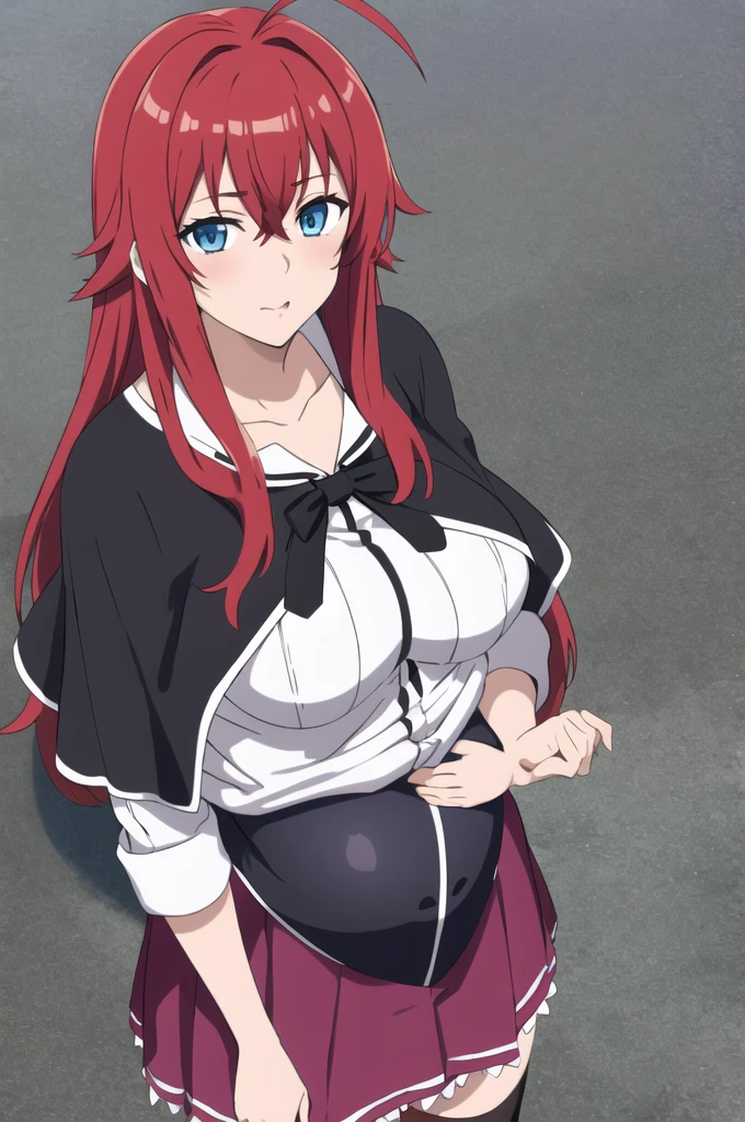 masterpiece, best quality, high quality, highres, outdoors, day, upper body, looking at viewer, solo, focused, BREAK,
ANIME_DxD_Rias_Gremory_ownwaifu,
1girl, bangs, long hair, red hair, breasts, large breasts, rias gremory, blue eyes, hair between eyes, very long hair, collarbone, hair intakes, hair over breasts,
black capelet, black corset, collared shirt, kuoh academy , layered skirt, underbust, , skirt, shirt, long sleeves, purple skirt, ribbon, miniskirt, neck ribbon, thighhighs, black ribbon, pregnant belly, 9 months