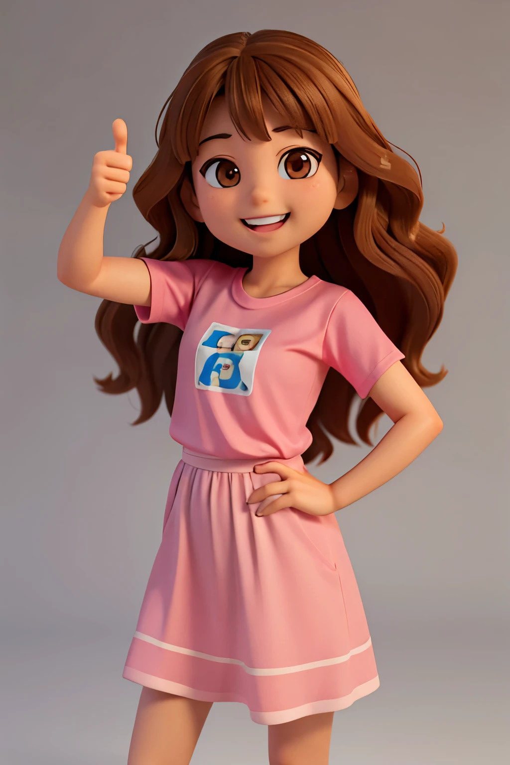 3D animated image featuring a young Asian character with fair skin and expressive brown eyes. The character has long, wavy brown hair with blonde highlights. She is wearing a light pink t-shirt. The character is smiling warmly and showing a thumbs up. The background is completely white, keeping the focus entirely on the character.