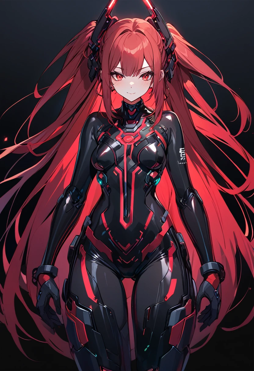 Girl with red cloud motif,Pitch black background,Japanese style see-through cyber suit