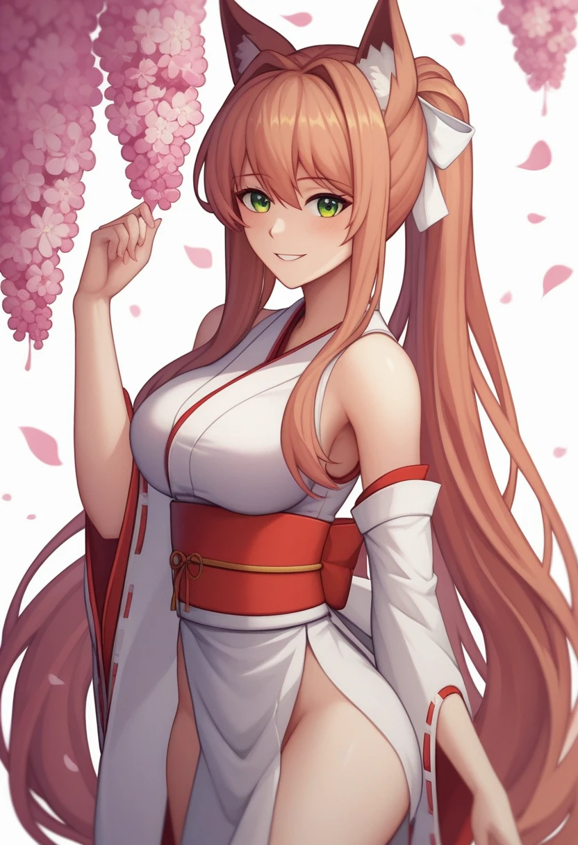 (masterpiece, best quality:1.2)((coral brown hair))((emerald green eyes)),solo,1girl,monika(doki doki literature club), animal_ears,(standing_fox_ears),hair_between_eyes, miko_clothing, japanese_clothing , sleeveless_shirt, ((sexy_miko_clothing)), (sitting pose)