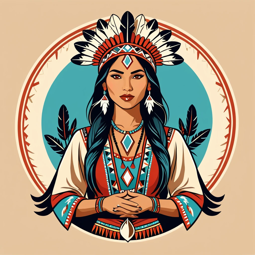 female magician in native american folk outfit ,vector graphics, strong contours, logo design