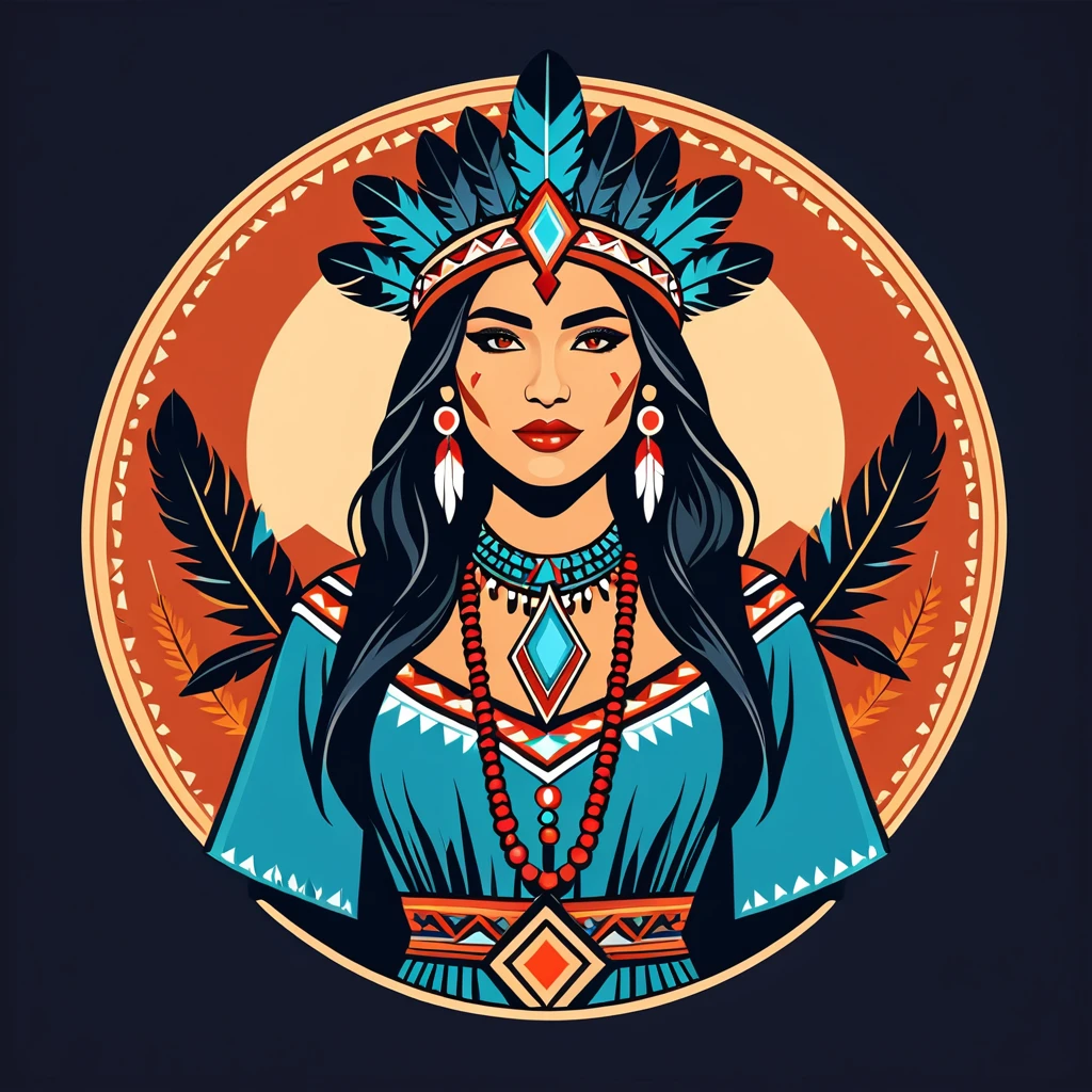 female	magician	in native american folk outfit	,vector graphics, strong contours, logo design																						