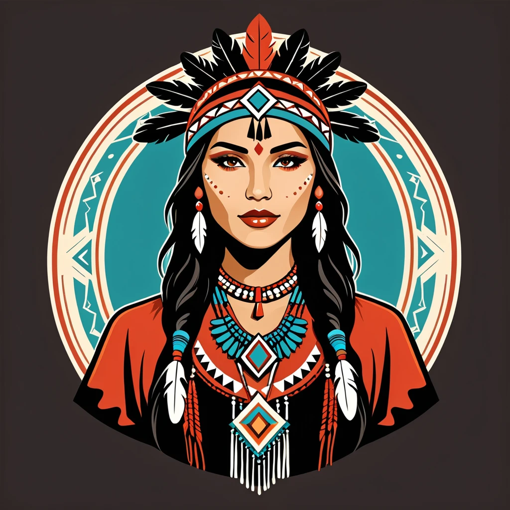 female magician in native american folk outfit ,vector graphics, strong contours, logo design