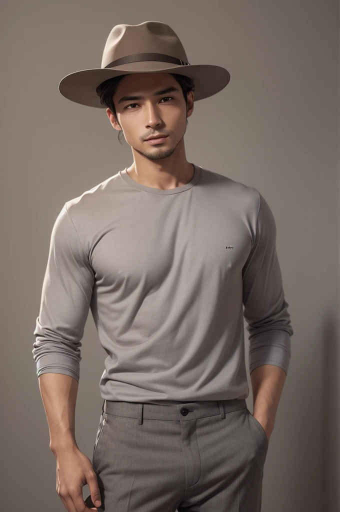 drawing of a man in a gray shirt and pants. wearing a small brown hat. sambando!