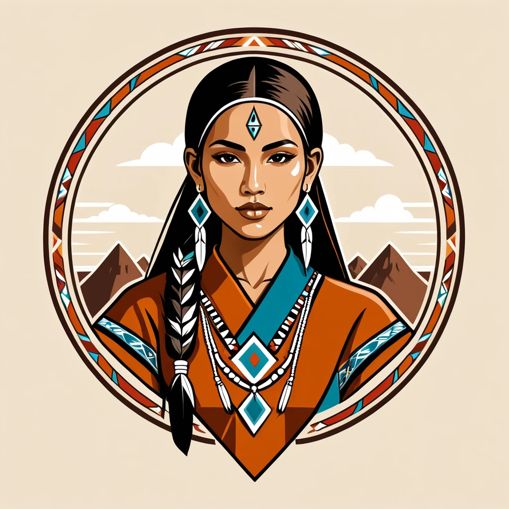 female monk in native american folk outfit ,vector graphics, strong contours, logo design