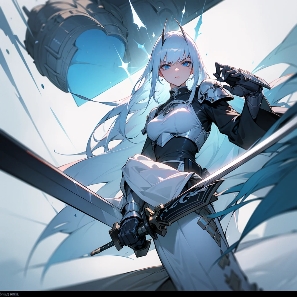 Woman with white hair and long blue eyes and with divine armor and imposing long and heavy sword with a serious and intimidating look  
