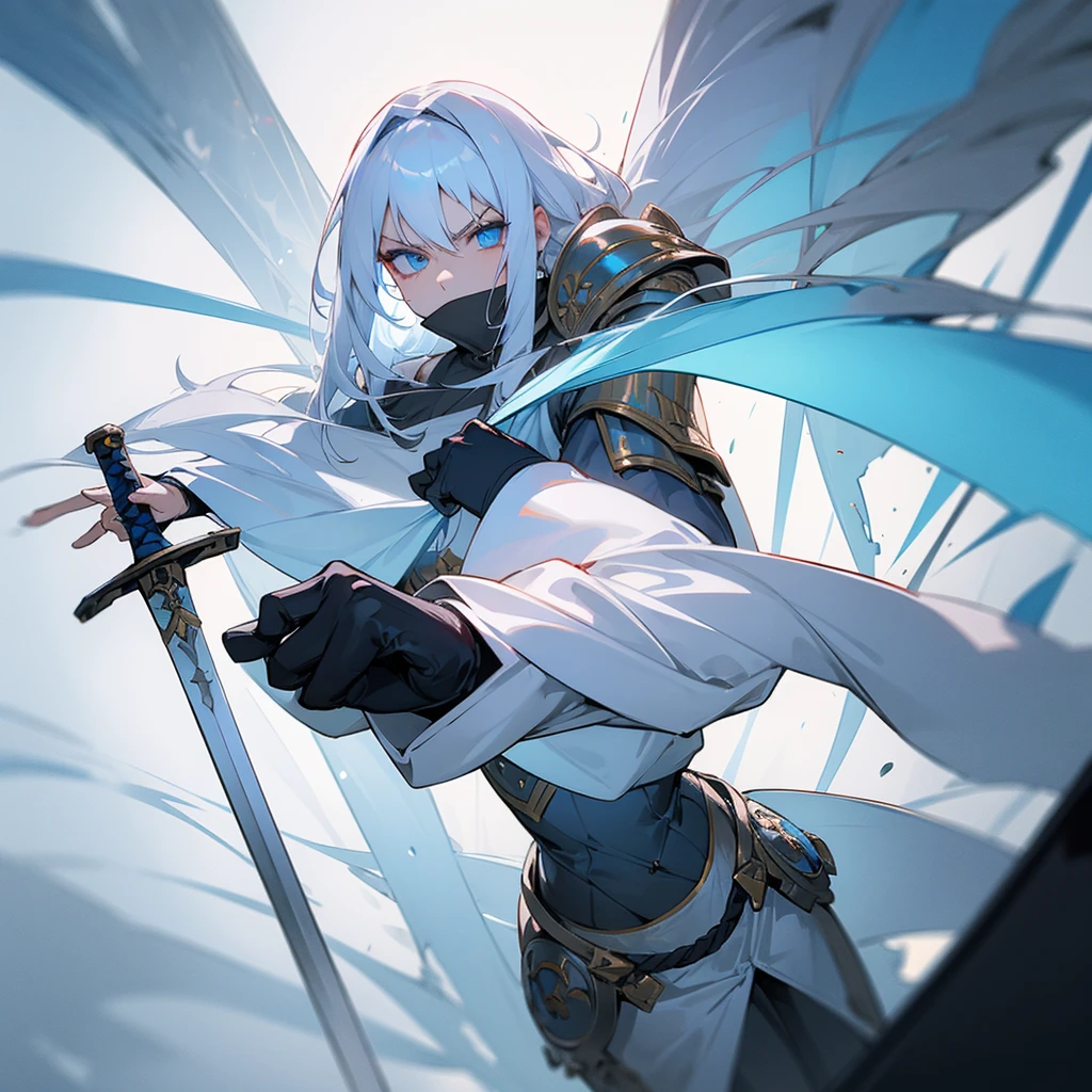 Woman with white hair and long blue eyes and with divine armor and imposing long and heavy sword with a serious and intimidating look