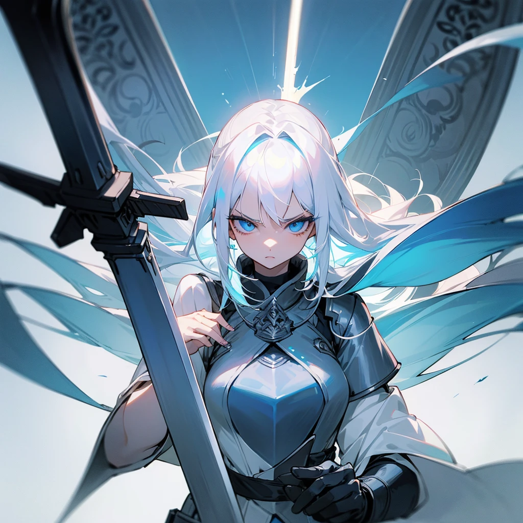 Woman with white hair and long blue eyes and with divine armor and imposing long and heavy sword with a serious and intimidating look  