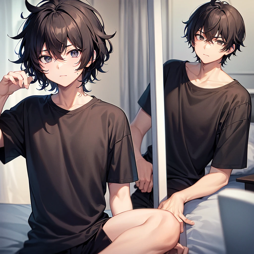 Guy in a T-shirt "versoTrouble" in anime style;black curly hair;grey eyes