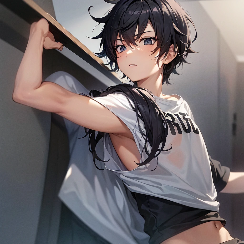 Guy in a T-shirt "versoTrouble" in anime style;black curly hair;grey eyes