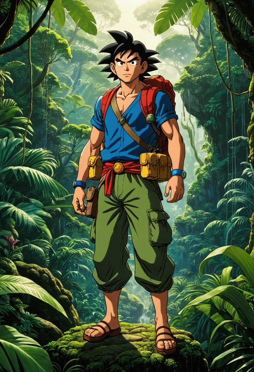 Jungle Adventurer, full body, by akira toriyama, cinematic still, (best quality, masterpiece), very aesthetic, perfect composition, intricate details, ultra-detailed, vivid colors