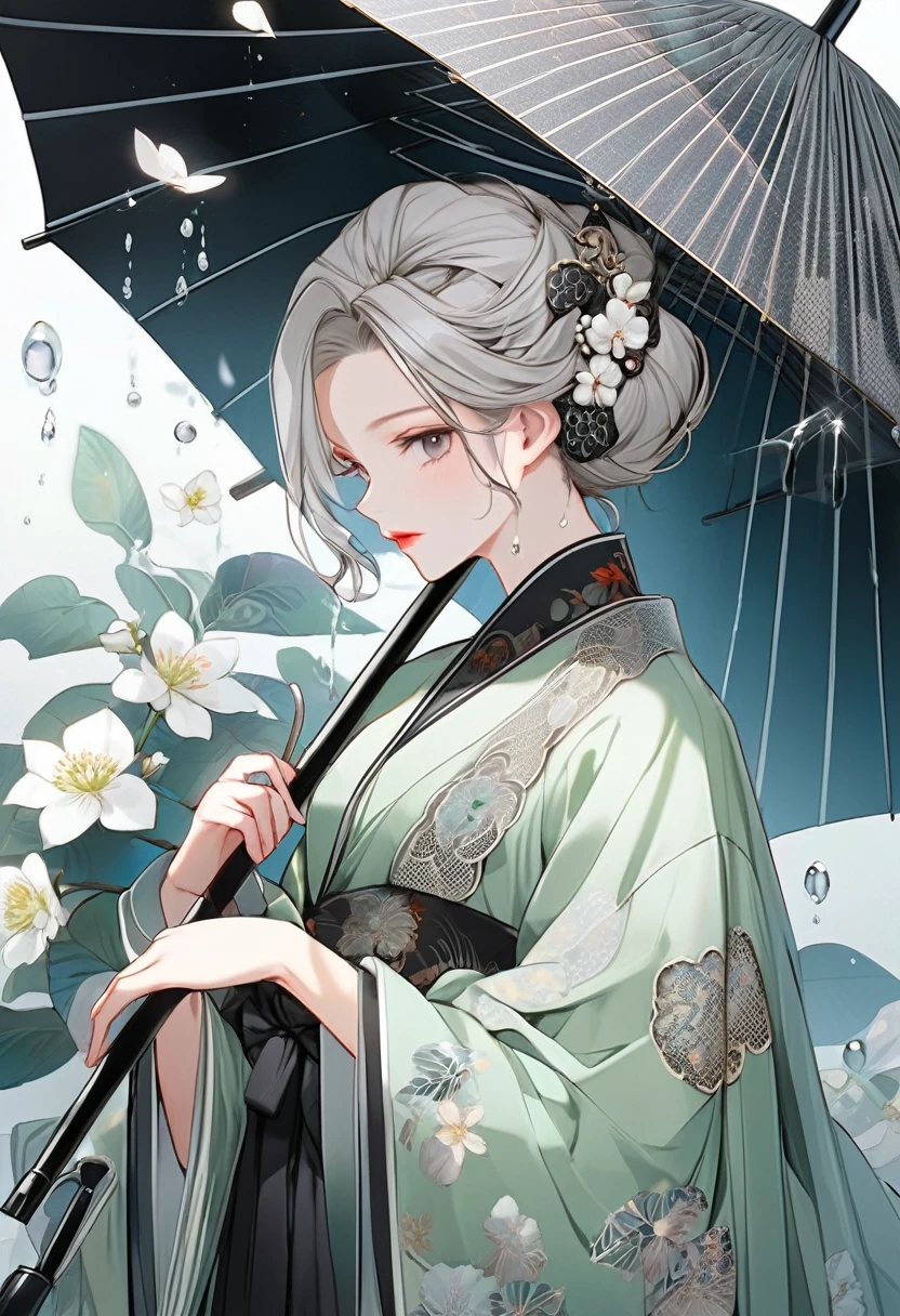 1 female character,Wearing traditional clothes,Wearing a light green robe with intricate patterns and beads,Elegant,Her hair was styled into an intricate bun adorned with a few white flowers and some silver hair accessories.,It adds a bit of mystery,Exquisite makeup,Dark eye makeup,The lip color is light red,Quite a classic。Holding what appears to be a black umbrella with a white pattern,Coordinate with the overall shape。Gentle attitude,Slightly bow your head,Looking intently at the umbrella in his hand,As if in deep thought or admiring the pattern on the umbrella。Surrounded by some transparent objects,Maybe petals or water drops,Adds a dreamy atmosphere to the whole picture,Second dimension style,Best quality,masterpiece