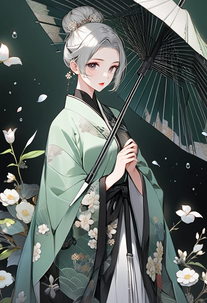 1 female character,Wearing traditional clothes,Wearing a light green robe with intricate patterns and beads,Elegant,Her hair was styled into an intricate bun adorned with a few white flowers and some silver hair accessories.,It adds a bit of mystery,Exquisite makeup,Dark eye makeup,The lip color is light red,Quite a classic。Holding what appears to be a black umbrella with a white pattern,Coordinate with the overall shape。Gentle attitude,Slightly bow your head,Looking intently at the umbrella in his hand,As if in deep thought or admiring the pattern on the umbrella。Surrounded by some transparent objects,Maybe petals or water drops,Adds a dreamy atmosphere to the whole picture,Second dimension style,Best quality,masterpiece