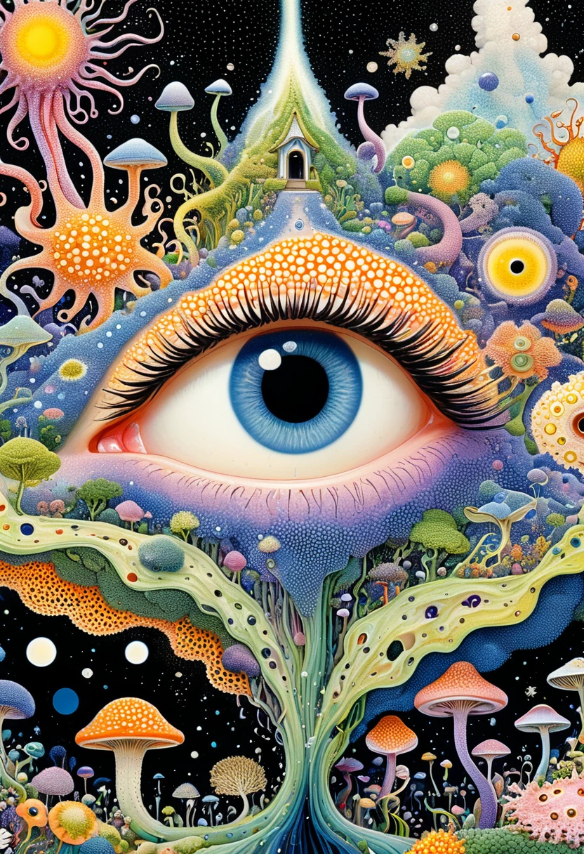 Strong visual fusion of multiple elements,Broto,来自Star的艺术家,house:1.37、Eye、Star、cloud、Spore powder、Tentacles,Describing the inner world of autistic people,密集Pointillism method。Smooth lines。Strange illustration。Pointillism method。Trypophobia。Strong contrast。Award-winning works。