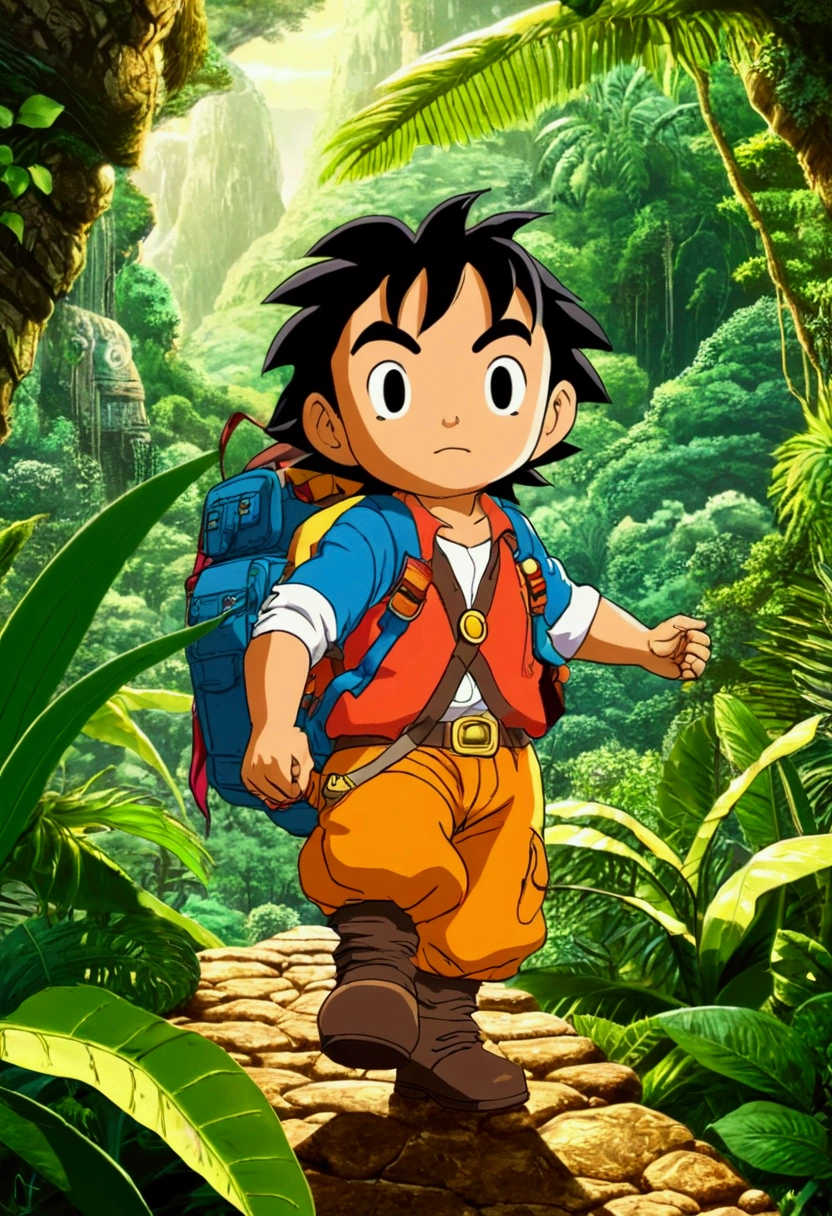 Jungle Adventurer, full body, by akira toriyama, cinematic still, (best quality, masterpiece), very aesthetic, perfect composition, intricate details, ultra-detailed, vivid colors