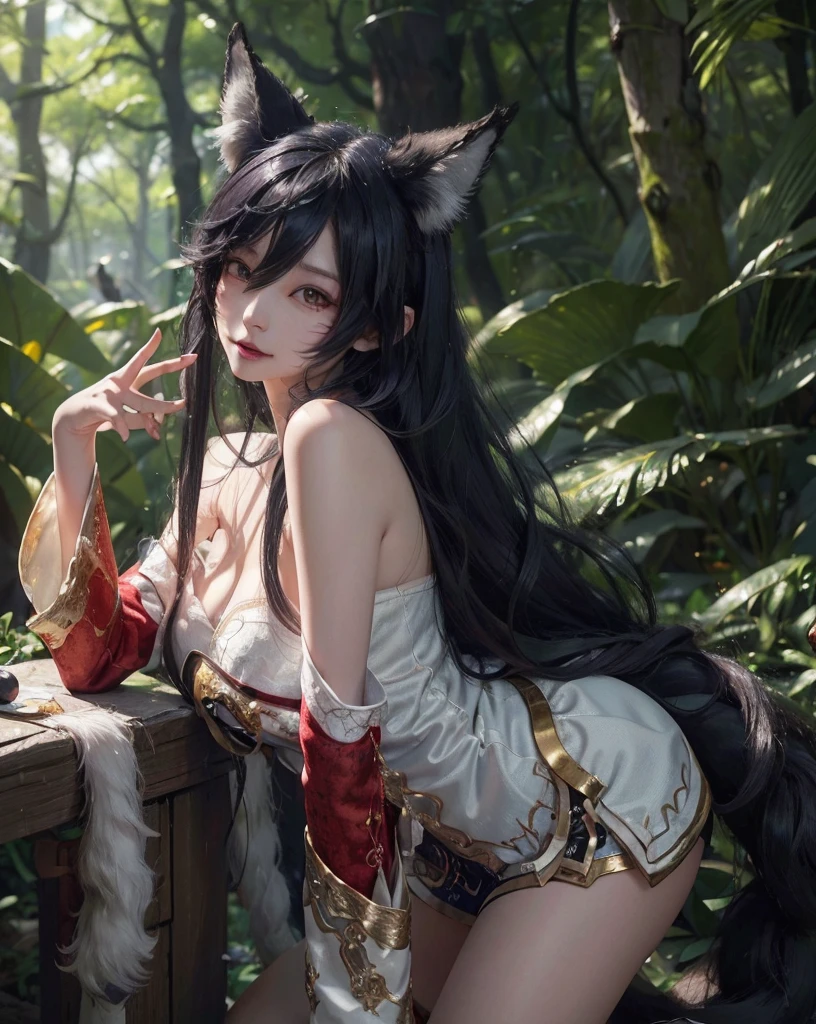 (mercy:1.2), (masterpiece, best quality, high resolution:1.4), detailed plot, intricate details, (realistic:1.4), 8k, uhd, 1 sister, (alone:1.4), (realistic 원시 사진), ((whole body)), realist, photorealistic, RAW photos, (ari \(league of legends\):1.4), black hair color hair, long gray hair, realistic 눈, mouth, 붉은 색 mouth술, body, 완벽한 body매, big bust, perfect ass, Hip Up, perfect pretty hands, smooth beautiful legs, fox ears, fox tail, Cute ears, whitetail, multiple tailed, yellow eyes, looking at viewer, The perfect pretty face , smile, smile, natural, in forest, natural 포즈, stand, Touka, bubble, Rochas, light, realistic light, light 추적,