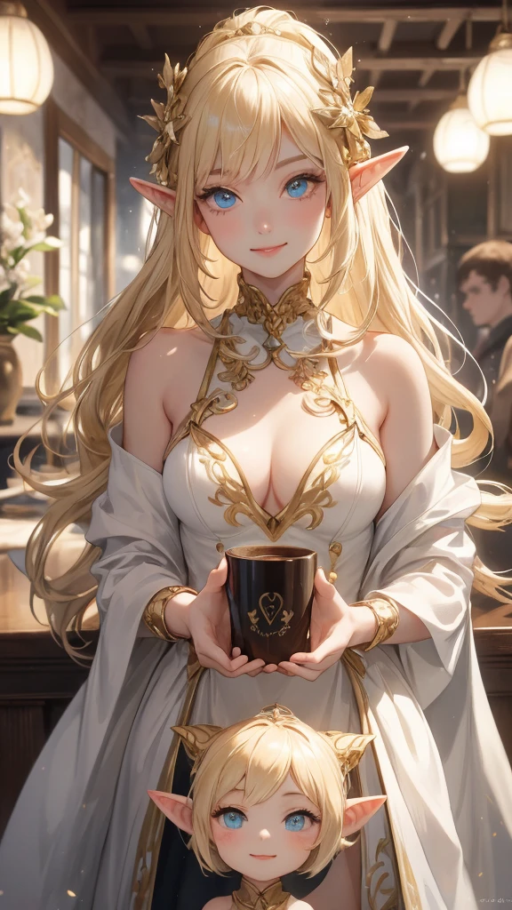 work of art, epic details, ultra detaild, best resolution, Woman, blonde, (BEAUTIFUL ELF), ((rosto angelical)), sculptural body, wearing kigurime pajamas, ((perfect hands))), ((expression of happiness)), (Grinning), great smile, Simple smile, Scenario: in a coffee shop, supper: having fun, no mistakes, (((epic details na face))), (((ultra perfect eyes)))