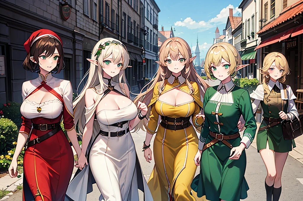 Four elf women, attractive, green, blonde, white and brown hair, big breasts, elves, medieval city anime.