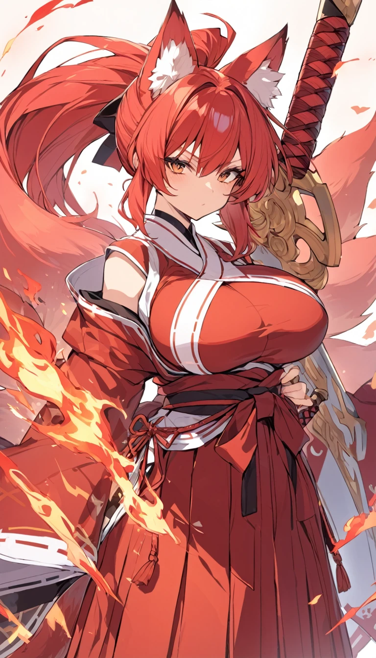 Long red ponytail Red fox ears and nine fox tails Very large bust Hakama with a red jacket Sword Flames Older sister
