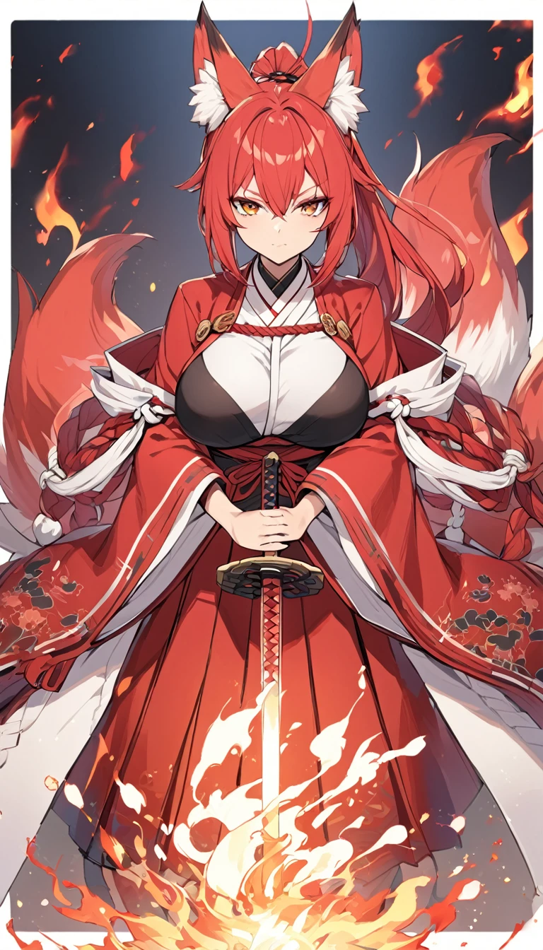 Long red ponytail Red fox ears and nine fox tails Very large bust Hakama with a red jacket Sword Flames Older sister