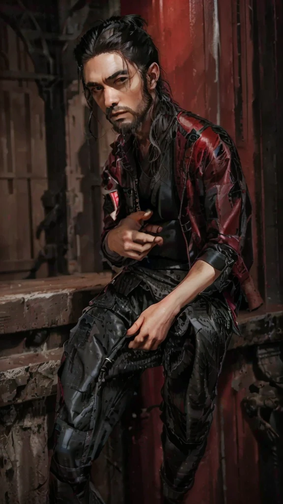 a handsome 22 years old male vampire hunter with ponytail black hair with short beard, pale skin, serious looking, wearing a red and black casual outfit and black pants, waist up shot, dynamic pose, ambient lighting, photo realism, intricate face detail, intricate hand details, highly detailed, vibrant colors, cinematic, high definition, trending on Artstation-style raw