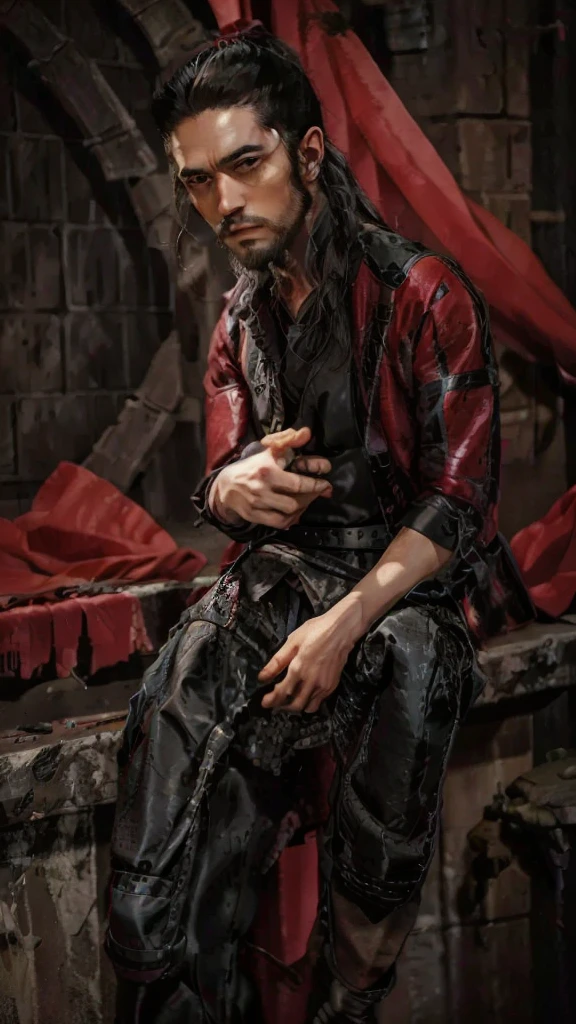 a handsome 22 years old male vampire hunter with ponytail black hair with short beard, pale skin, serious looking, wearing a red and black casual outfit and black pants, waist up shot, dynamic pose, ambient lighting, photo realism, intricate face detail, intricate hand details, highly detailed, vibrant colors, cinematic, high definition, trending on Artstation-style raw